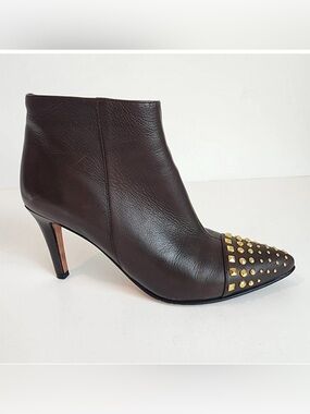 Vaneli Dark Brown Leather Pointed-Toe Ankle Boots with Gold Studs